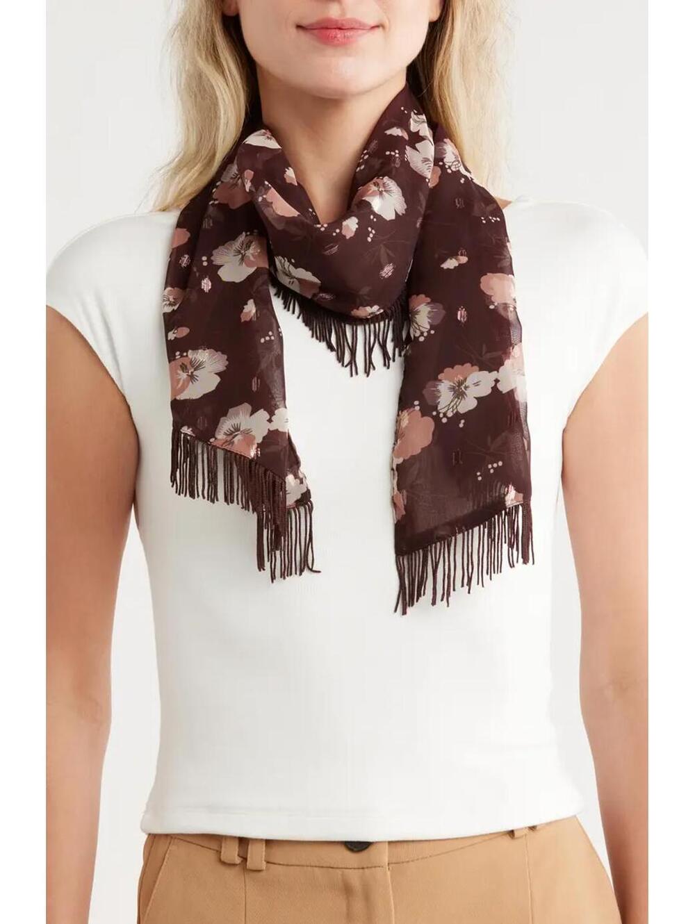 BCBG Floral Shine Crescent Wrap Scarf Burgundy Brown NWT